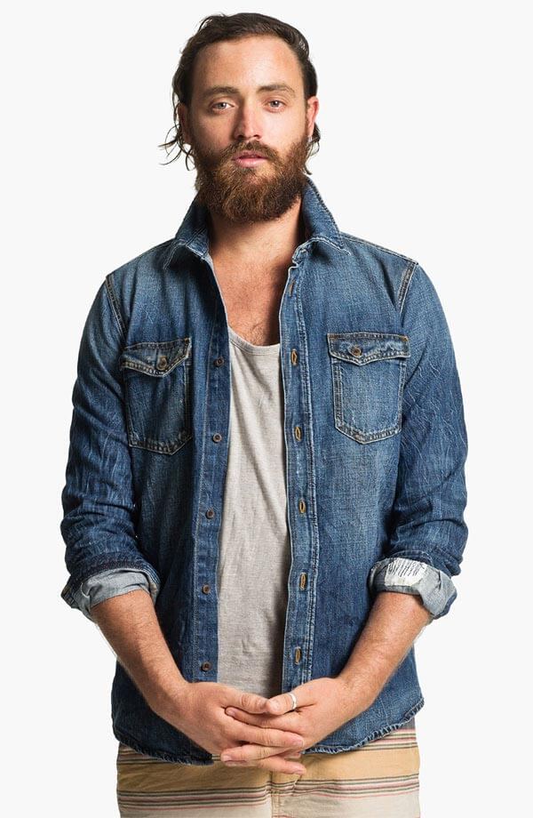 Wear rugged layers with denim shirt